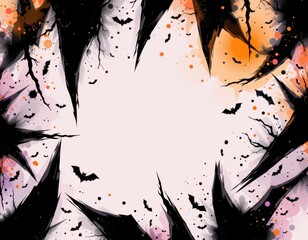 negative space in abstract halloween poster emphasizing balance between empty areas and jagged black shards highlighted with soft orange and subtle purple gradients.
