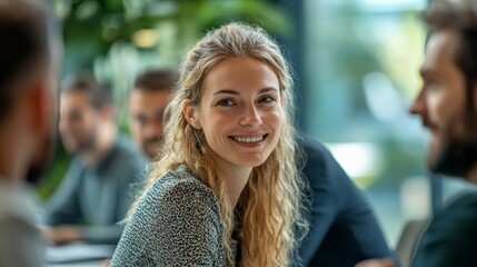 A smiling young woman with long blonde hair in an office, chatting with colleagues. Useful for articles about teamwork, business training, and corporate culture.