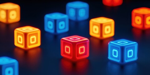 Obraz premium Illuminated Cubes with Glowing Symbols in Red, Blue, and Orange on a Dark Surface image