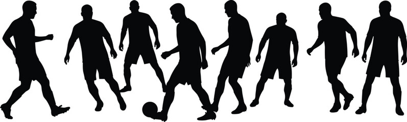 Professional football player silhouettes set capturing diverse actions and poses for dynamic sports and athletic illustrations.