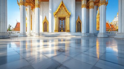 The temple with golden ornaments and marble columns reflects the grandeur and spirituality of Eastern architecture, useful for publications on culture and travel.