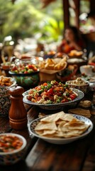 Fototapeta premium A variety of dishes on the table in a cozy restaurant conveys an atmosphere of hospitality and enjoyment of food, useful for culinary blogs and restaurant advertising.