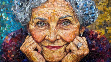 Mosaic portrait of elderly woman, thoughtful expression