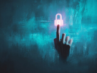 Hand Touching Glowing Lock Icon on Digital Security Interface. AI generative