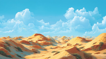 Naklejka premium Scenic view of sand dunes with sparse vegetation under a blue sky and white clouds