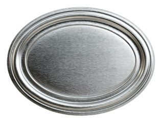 Minimal silver oval badge with raised edge and polished brushed detail, isolated on transparent background.
