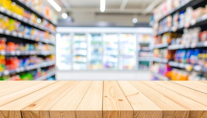 A bright wooden table with a smooth surface provides a clear foreground against a blurred supermarket aisle background for product display
