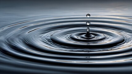 A single droplet of water falls creating concentric circles in a smooth dark blue liquid surface texture.
