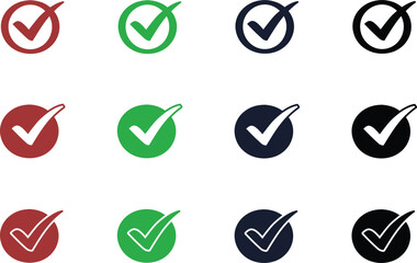 Verification and approval tick check mark icons in red, green, blue, and black with circular backgrounds.