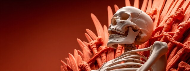 Grinning skeleton relaxes on a vibrant throne made of jagged bones and blades in an imaginative setting