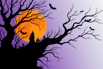 abstract halloween card using negative space to isolate jagged black forms, flowing orange curves, subtle purple gradients creating minimalist eerie composition.