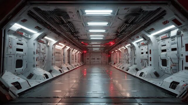 Futuristic modern empty spaceship corridor interior with glowing red light. Sci fi aesthetic pathway inside spacecraft or station. Digital graphic design background.