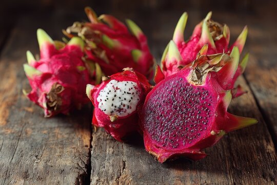 Red pitaya from the mandacaru cactus featuring white flesh and seeds arranged on a wooden surface