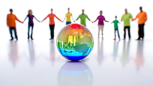 Diverse people holding hands around a rainbow globe on white background earth world