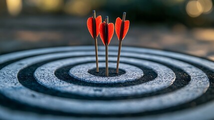 Archery target board with three arrows grouped in center, clean sports scene
