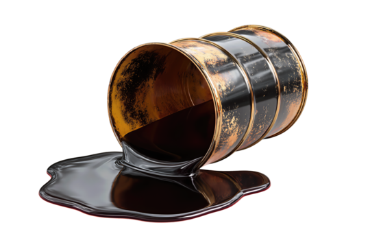 A tipped black oil barrel spilling glossy dark liquid into an irregular pool, crisp rim detail, isolated on transparent background.
