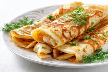 Delicious fish filled pancakes on a plate against a white backdrop Fresh homemade crepes
