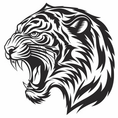 a fierce tiger head with intricate black white patterns