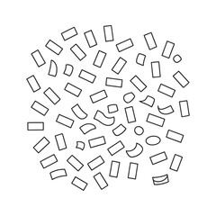 Abstract pattern of hand drawn rectangles and circles in a circular composition