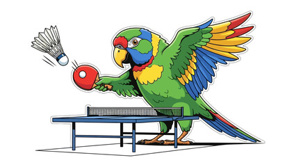 Parrot's Table Tennis: A vibrant parrot serves with energetic precision, holding a paddle to hit the shuttlecock across a table in a fun illustration. 