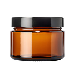A sleek amber glass jar with a black cap is presented for cosmetic mockups, perfectly isolated on a transparent background.