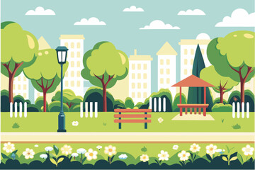 Fototapeta premium a serene park scene with trees benches flowers and cityscape