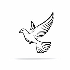 Dove bird simple black line art image, Black bold outline vector icon, Bird vector illustration