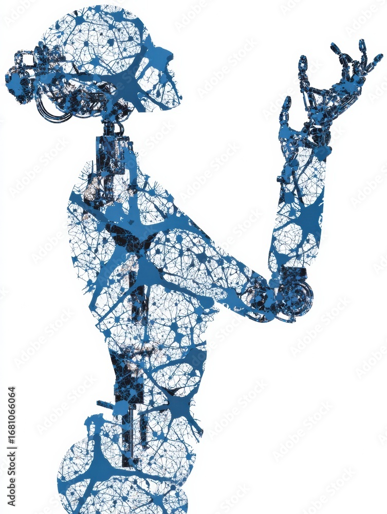Poster innovative robot design showcasing intricate neural network patterns in a striking silhouette