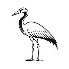 Crane bird simple black line art image, Black bold outline vector icon, Bird vector illustration
