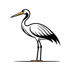 Crane bird simple black line art image, Black bold outline vector icon, Bird vector illustration