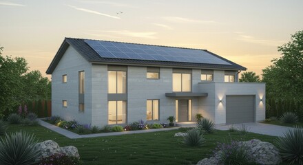 Modern Two Story House with Solar Panels at Sunset