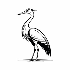 Crane bird simple black line art image, Black bold outline vector icon, Bird vector illustration
