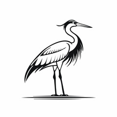 Crane bird simple black line art image, Black bold outline vector icon, Bird vector illustration