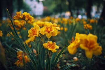 gold blooms in urban park