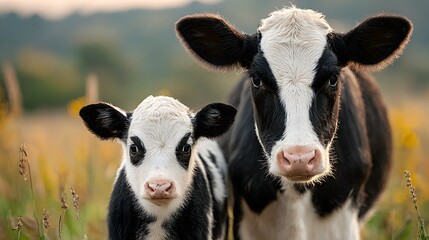A cute black and white Holstein cow stands protectively beside its adorable calf in a grassy meadow scene.