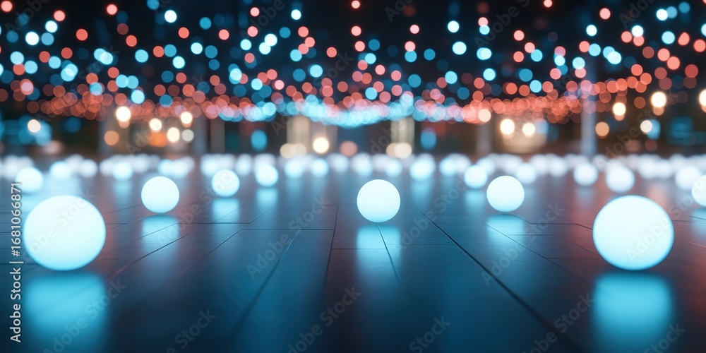 Poster rows of glowing white spheres on a dark tiled floor with colorful bokeh lights overhead