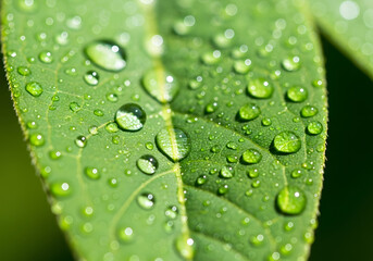 Green Leaf with Fresh Water Droplets Close Up