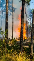 Forest fire in pine trees