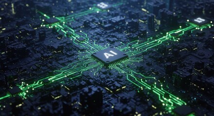 Abstract AI Circuit Board with Glowing Green Lines