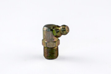 golden grease fittings (Zerk fittings) or nipple Grease are isolated on a white background. One stands upright, showcasing its angled head and threaded base.