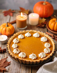 Pumpkin pie with cinnamon and whipped cream on rustic table, autumn leaves and candles around, cozy homemade dessert, warm food photography