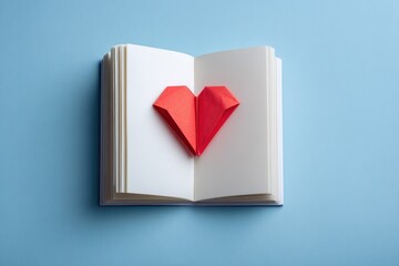 Red paper origami heart Clean notebook with a paper heart Red heart and journal on a blue backdrop Empty space