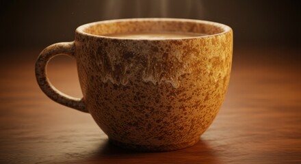 Steaming Coffee in a Brown Ceramic Mug on Wooden Table