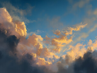 Dramatic Cloudscape Blue Sky with Golden Hour Sunlight and Stormy Clouds