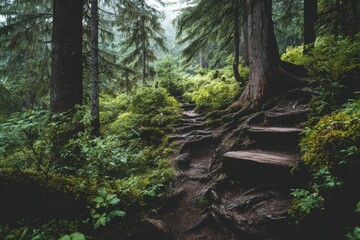 Serene forest path winding through lush greenery with moss-covered steps and towering trees