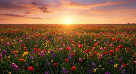 Vibrant Wildflower Field at Sunset
