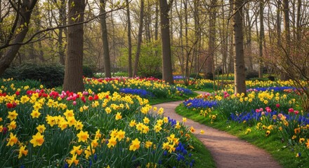 Colorful Spring Flowers Blooming Along a Garden Path