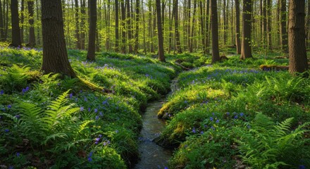 Sunlit Forest Stream with Blue Spring Flowers