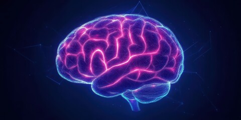 Vivid Purple and Blue Wireframe Brain with Glowing Neural Connections on Dark Background