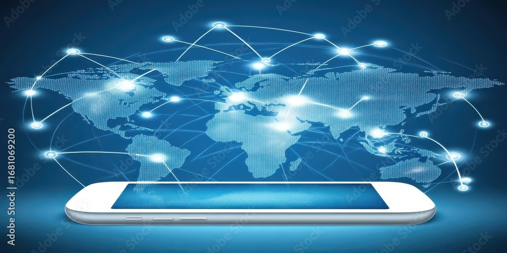 Poster white smartphone connecting to global network with blue lighted nodes and lines mobile